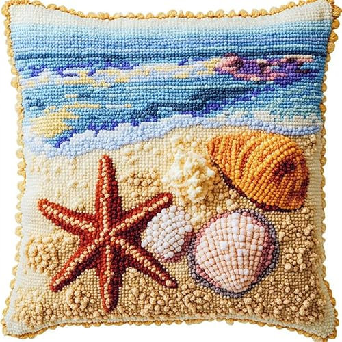 AxiangziK Landscape Latch Hook Cushion Kit,Seashells and Starfish on The Beach,Latch Hook Kit for Beginners Adults or Children,DIY Latch Hook Christmas Home Decor,17x17in