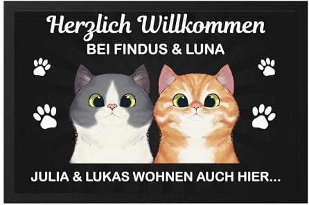 Kiddle-Design Personalisierte Fußmatte Katzen für Katzenbesitzer, Katzenmama und Katzenpapa | Fußabtreter als Geschenk mit Katzenmotiv | Schmutzfangmatte 60x40cm | 2 Katzen