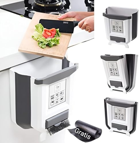 Genérico Cubo de Basura Plegable para Cocina – Cubo Colgante con Tapa, Ahorra Espacio, Ideal para Cajones, Puertas y Campers – Plástico Resistente, Fácil de Instalar, 9L – Gris Moderno