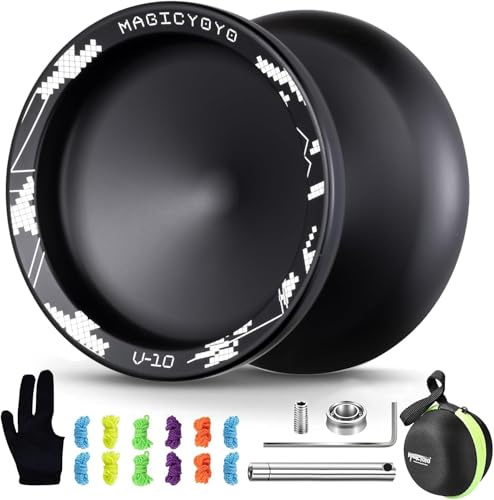 YOSTAR Yoyo Profi V10, Responsive JoJo mit Leerlauf und Kugellager, Metall JoJo für Kinder und Anfänger, Trick Unresponsive Jo Jo für Erwachsene, mit 12 Saiten, Lagersatz, Gehäuse (Schwarz)
