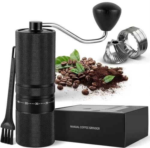 Moulin à café manuel avec 60 réglages réglables, avec poignée droite pour cafetière à piston à piston, expresso avec cohérence de montage, moulin à bavure conique en acier inoxydable, capacité de 28 g