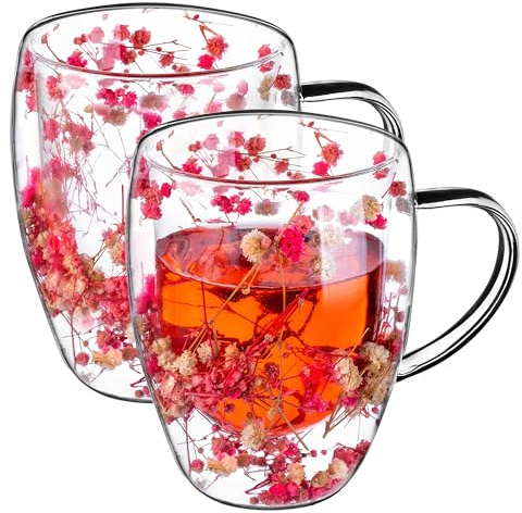 KADAX Doppelwandige Kaffeegläser 350ml, 2er Set, Thermogläser für Tee & Kaffee, Teegläser aus Borosilikatglas, Kaffeetasse mit getrockneten Blumen, Teetasse (Rosa)