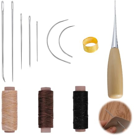 Leather Sewing Kit – 12-Piece Leather Needles & Leather Sewing Needle with Waxed Thread, Cord Drilling Awl, Thimble Curved, 7 Needles for Upholstery, Bookbinding, DIY Crafts & Leather Repair Kit
