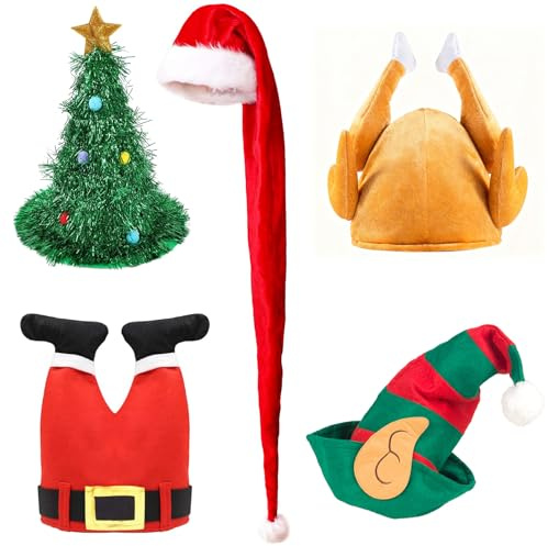 Forbabe 5er Weihnachtsmütze Erwachsene, Weihnachtsmützen Lustig 150cm Lang | Nikolausmütze/ Hühnerbeinmütze/ Elfenmütze/ Weihnachtsbaumhut, Weihnachtsmann Mütze Party Zubehör Hüte Weihnachts Accessoires