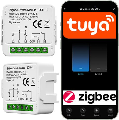 Sone Smart One ZigBee Schalter 2-Kanal ohne Neutralleiter Tuya Smart Life | Unterputzmodul, Lichtsteuerung, 2-fach, Gateway erforderlich, LED-Kompensator
