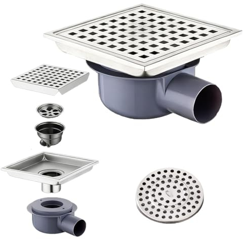 NEWFUN Bodenablauf DN 50, Duschablauf Flach,15 * 15cm Edelstahl, Geruchshemmender, Unsichtbarer, Positiv und Negativ Verwendbar, Doppelte Filterung, Verfliesbar