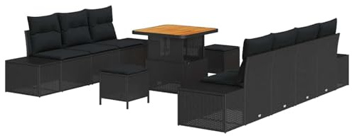 Gecheer Set Divano da Giardino, Componibile Modulare con Poly Rattan Resistente ai UV e Cuscini in Poliestere, 4 Divani Laterali, 3 Posti Centrali, 2 Sgabelli e Tavolo per Esterni
