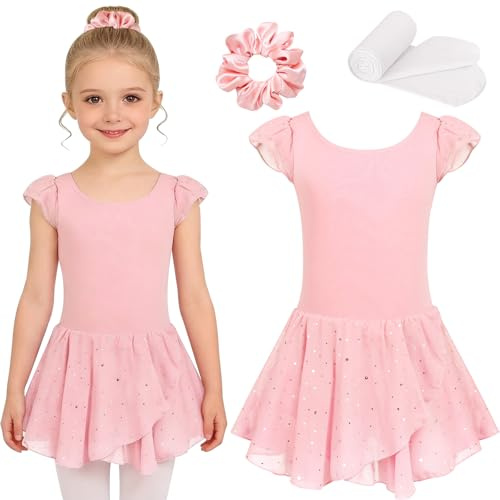 TOSZOLY Justaucorps Danse Fille, Ensemble Ballet avec Tutu à Paillettes, Chouchou & Collants Blancs, Tenue Danse Classique Enfant pour Cours de Ballet 4–9 Ans