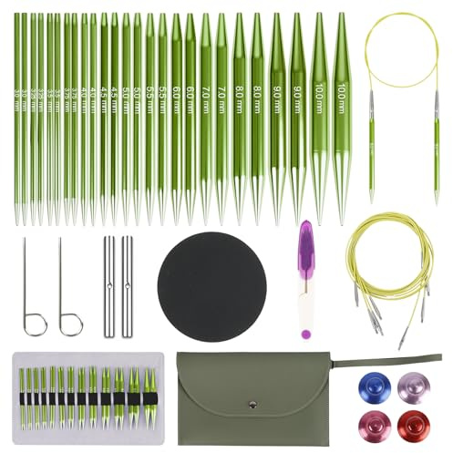 Rundstricknadeln Set Austauschbar, 13 Paar Rundstricknadeln mit Tasche und Zubehör, 13 Nadeldurchmesser 3–10 mm, 4 Längen Verstellbar 40–100 cm, Aluminium Häkelnadel Set (Dunkelgrün)