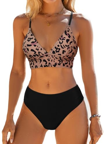 CUPSHE Damen Bikini Set V Ausschnitt Triangel Breites Unterbrustband Lace Up Mid Waist Bikini Bademode Zweiteiliger Badeanzug Swimsuit Leopard/Schwarz M