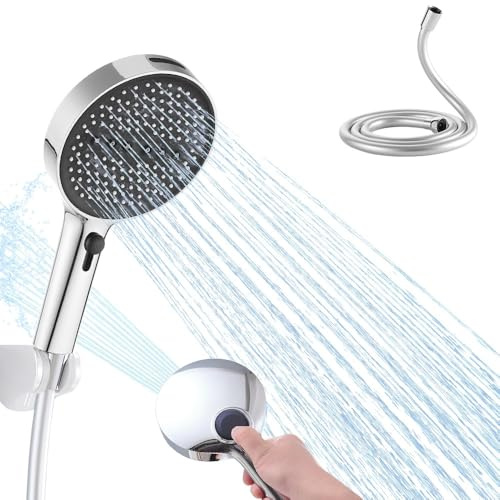 Haiba Shower Head and Hose 1.5m, 4 Modes Powerful Handheld Shower Head, Built-in Power Wash to Clean Tub, Tile & Pets, Silver and Black