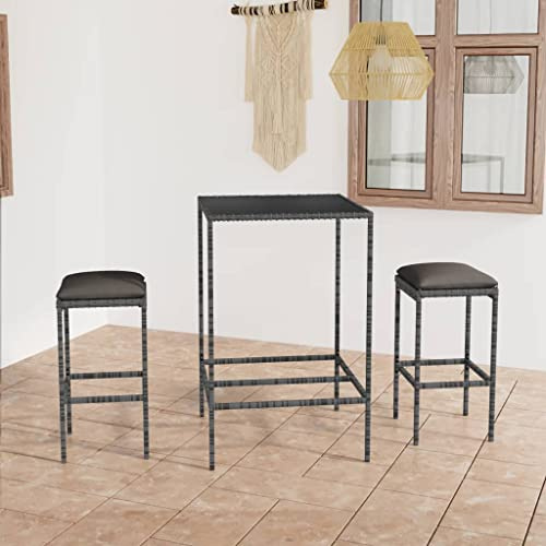 LoogCape 3-TLG. Gartenbar-Set mit Kissen, Poly Rattan Grau, Stehtisch & 2 Barhocker für Terrasse, Balkon, Außenbereich, witterungsbeständig
