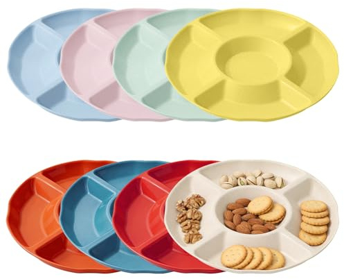 Calenxy 8 Stück Snackteller mit 5 Fächern Rund Snackschalen,Stapelbarer Obstteller Kunststoff,Snack Teller für Kinder,Snackschale mit Fächern,Unterteilung Wiederverwendbar Dessert Snackspender