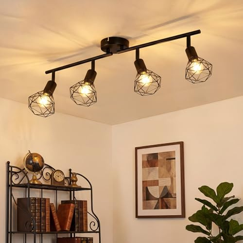 Leselux Deckenstrahler 4 Flammig E14, Deckenlampe Spot Schwenkbar Schwarz | Vintage Deckenleuchte Strahler Schwenkbar 350°, Metall Deckenspots Wandstrahler für Flur Büro Schlafzimmer, Ohne Leuchtmittel