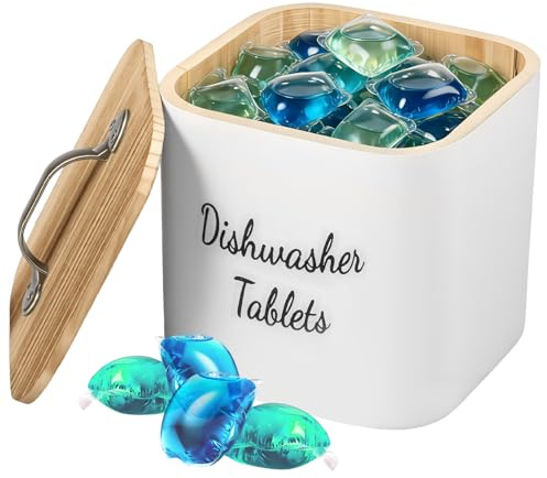 BOBASH Diskmaskin kastrullhållare med lock tvättpulver förvaringslåda 15 × 13,6 cm för tvättstuga kök badrum hem kök (vit)