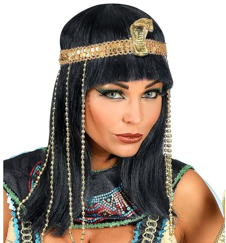 W WIDMANN MILANO Party Fashion - Perücke Ägyptische Königin | Schwarze Perücke mit Perlenstirnband und Schlange für Karneval und Mottoparty