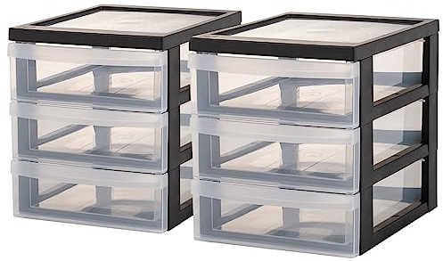 Iris Ohyama, Aufbewahrungsturm aus Kunststoff, 2-Liter-Schreibtischschublade, 2er-Set, DC-A5 3 Mitte, Schwarz, ergonomischer Griff, B26 x T19 x H22 cm
