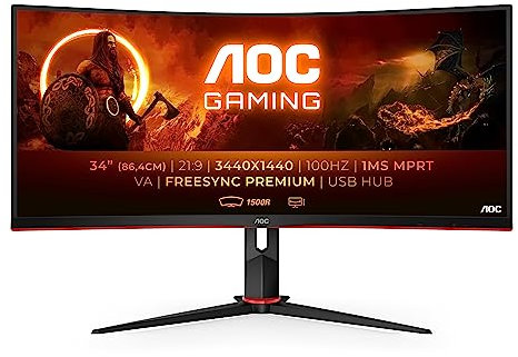 AOC Gaming CU34G2 - 34 Zoll WQHD Curved Monitor, 100 Hz, 1ms, FreeSync Premium (3440x1440, HDMI, DisplayPort, USB Hub) schwarz/rot