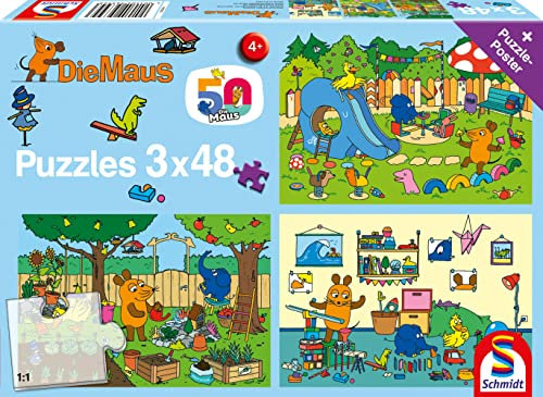 Schmidt Spiele 56394 EIN Tag mit der Maus, 3x48 Teile Kinderpuzzle, bunt
