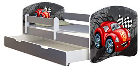 ACMA Kinderbett Jugendbett mit Einer Schublade und Matratze Grau mit Rausfallschutz Lattenrost II Spielbett Kinderzimmer Möbel (05 Rote Auto, 180x80 + Bettkasten)