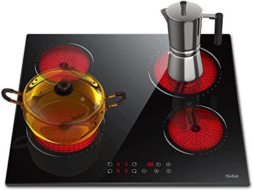 Hobsir Piano Cottura Vetroceramica 4 Fuochi, Piano Cottura Elettrico da incasso 60CM, Piastra Vetroceramica 6000W, 9 Livelli di Potenza, Blocco di Sicurezza, 220V