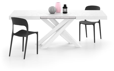 MOBILI FIVER, Ausziehbarer Esstisch Emma 140(220) x90 cm, Weißer Beton mit Weißen gekreuzten Beinen, Made In Italy