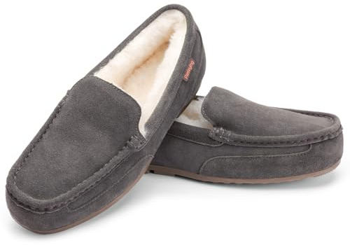 Parfeying Men's Indoor Outdoor Sheepskin Moccasins Slippers Memory Foam Driving Style Shoes,M21105 Charcoal 10US