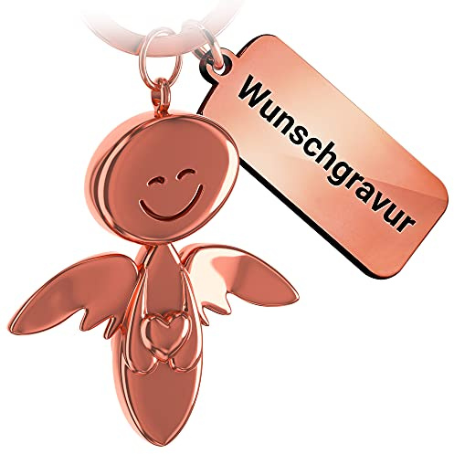 FABACH Schutzengel Schlüsselanhänger Smile mit Herz und persönlicher Wunschgravur - Edler Engel Anhänger aus Metall - Geschenk Glücksbringer eigene Gravur - Wunschtext individuell graviert
