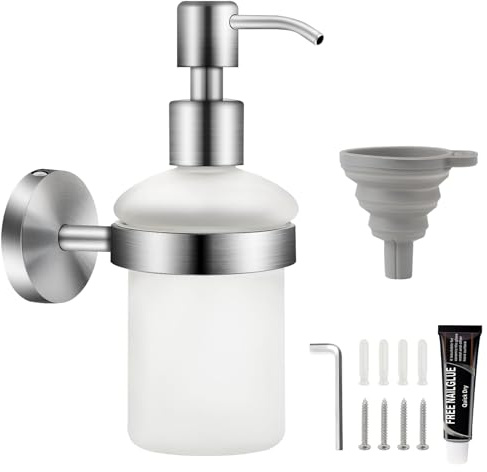 EXLECO Soap Dispenser Wall Mounted Soap Dispenser Set Drilling & Self-Adhesive 304 Stainless Steel 200 ml Chrome-Plated Satin Glass Bottle Hand Disinfectant Box Wall Mounting No Drilling for Shampoo