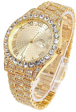 Halukakah Diamant Golduhr Iced Out, Männer 18k Echtgold Plattiert Quarz Armband 24cm Rundes Zifferblatt, Kommt mit Geschenkbox