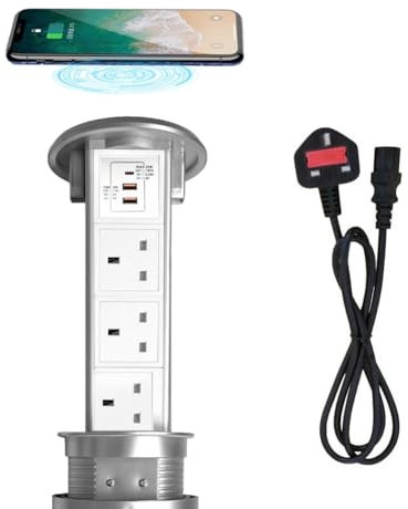 ZESHAN Waterproof pop up socket kitchen worktop with wireless charger,3 AC Power sockets and 2 USB and 1 USB C Fast Charging Ports Suitable for Home/Office Conference Table(Silver)