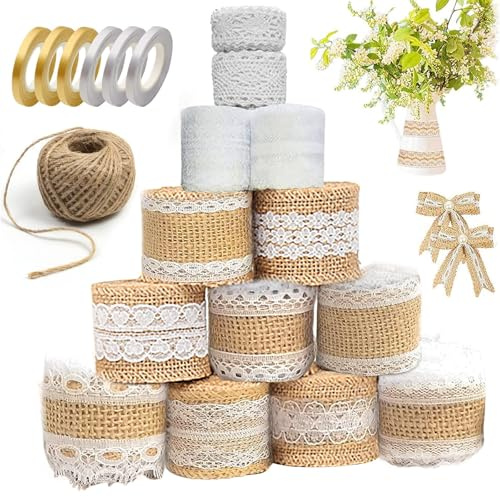 Schleifenband und Juteschnur Set, 13 Rollen, Hochzeit Dekoration | Set mit Schleifenband und Juteschnur, Vintage, Weiß und Gold – perfekt für DiY, Geschenkboxen und Dekoration
