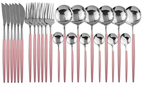 24 stücke Weißgold Geschirr Set Edelstahl Messer Gabel Löffel Besteck Set Küche Geschirr Set Flatware Set essgeschirr (Color : 24Pcs Pink Silver)