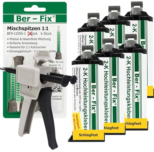 Ber-Fix Hochleistungskleber 2K MMA 30 Min 6x50g + 6 Düsen + Pistole | Hochleistungskleber 30 Min mit Dosierpistole und Mischdüsen für strukturstarke Reparaturen an Kunststoff