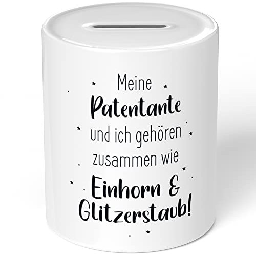 JUNIWORDS Spardose Sparbüchse, Meine Patentante und ich gehören zusammen wie Einhorn & Glitzerstaub! (1008694)