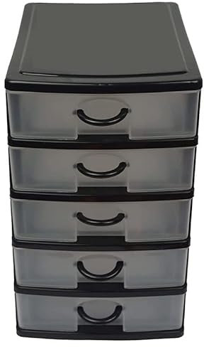 Virsus Cassettiera a Torre Multiuso 7134, misura 16x22x25cm, set 5 cassetti trasparenti con maniglia, organizer salvaspazio per piccoli oggetti, ufficio, camera da letto, scrivania (Nero)