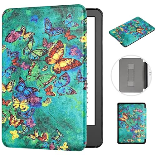 MOKASE Hülle für 6,8 Zoll Kindle Paperwhite 11. Gen. 2021 (Modell: M2L3EK/M2L4EK), Kunstleder mit Auto Schlaf/Aufwach Handschlaufe für Signature Edition & Kindle Paperwhite 2021, Green Butterflies