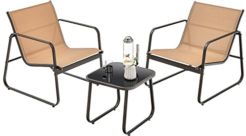 COSTWAY Set Tavolino e Sedie da Giardino 3 Pezzi, Set da Giardino in Tessuto Textilene, Tavolino in Vetro Temperato, Sedia Impermeabile Portata 150 kg, per Giardino, Cortile, Terrazza (Marrone)