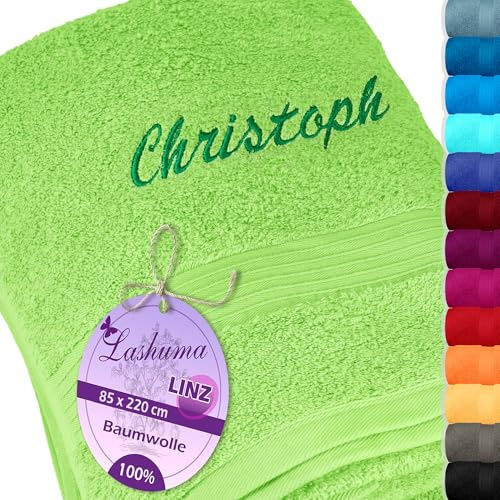 Lashuma Personalisiertes Badehandtuch mit Name Bestickt, Linz exta langes Saunatuch Apfel- Grün 85x220 cm
