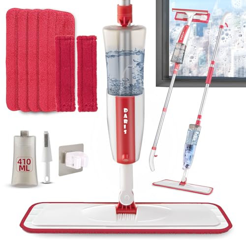 2 in 1 Spray Mop Window Cleaning Brush Floor Mop for Hardwood Laminate Ceramic Tiles Squeegee Window Cleaner for Home Car Glass Mirror with 4 and 2 Washable Reusable Pads 1 Scraper 1 Mop Holder