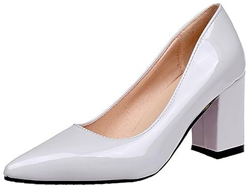 Escarpins en Cuir Verni à Talons carrés de 7.5cm pour Femmes, Chaussures Classiques à Bout Pointu, Escarpins de fête, Grande Taille,Gris,43 EU
