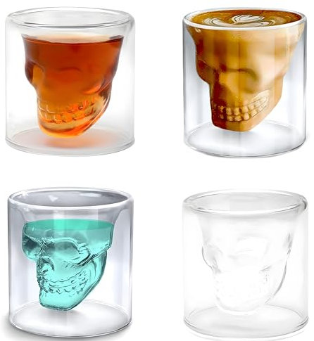 Mein HERZ Skull Vasos de Chupito,4 PCS Calavera De Vidrio Transparente Doble vasos de calavera de cristal con diseño de calaveras para vasos de Whisky Vodka Para Fiestas Halloween Fiestas Familiares