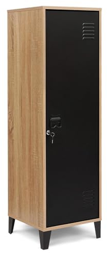 IDMarket - Garderobenschrank Ester Holz Metalltür schwarz Industriedesign