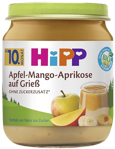 HiPP Bio Apfel-Mango-Aprikose auf Grieß (6 x 200g), ab 10. Monat, ohne Zuckerzusatz, in bester Bio-Qualität