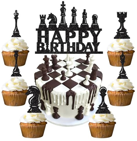 palasasa 25 Piezas Decoracion Tartas Cumpleaños Ajedrez Topper Tarta Cumpleaños Ajedrez Adorno de Tartas, Chess Decoración para Niños Hombre Fiesta
