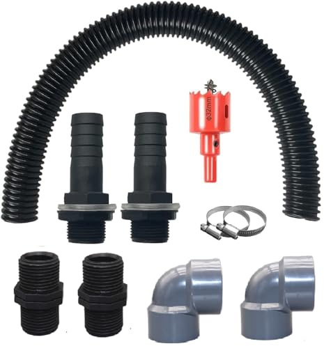 XNSHUN 1 Zoll (25mm) Regentonnen Verbindungsset, 50cm Winterlicher Frostschutz Verbindungsschlauch Und 2 Schlauchstutzen 25mm Mit Kontermutter, 2 Winkel 90 Grad Und 2 Tankdurchführung (1 Zoll (25mm))