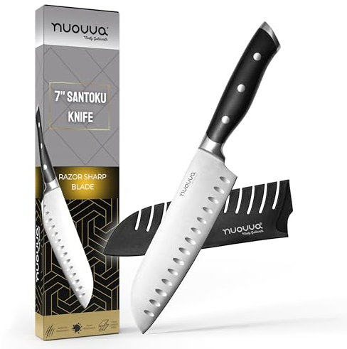 nuovva Professional Kitchen Knife – Sharp Santoku Chef Knives – 7 inch German High Carbon Stainless Steel – Sharp Slicing Knife