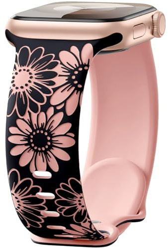 Maledan Blommig graverad rem kompatibel med Apple Watch-remmar 41 mm 40 mm 38 mm 42 mm för kvinnor, tvåfärgad blomma mjukt silikon sportband för iWatch-rem SE serie 11 10 9 8 7 6 5 4 3 2 1, svart/rosa