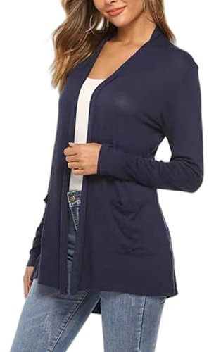 CuLtP Bolero Donna Cardigan Bolero Leggero da Donna A Maniche Lunghe Estivo Giacca Corta Aperta sul Davanti con Tasca Casual Spolverino da Ufficio Cardigan Scialle Coprispalle Blu Scuro XXL