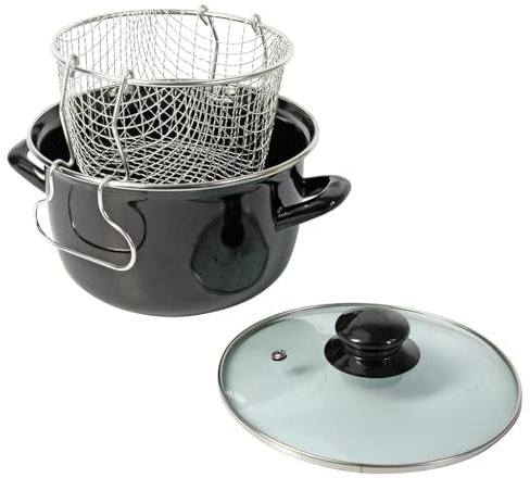 Crealys 545413 - Freidora tradicional de acero esmaltado (26 cm de diámetro, incluye cesta estañada + tapa de cristal, incluye inducción